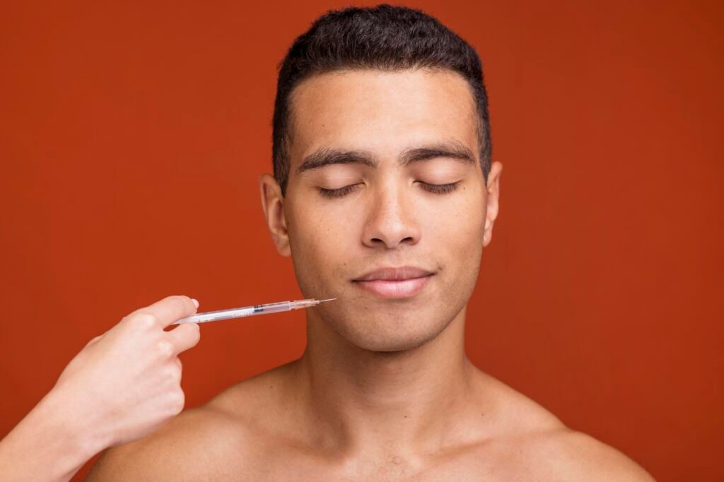 Homem e preenchimento labial.